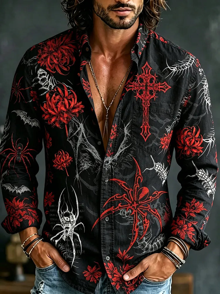Men's Retro Halloween Spider Floral Cross Print Long-sleeve Cotton Linen Shirt