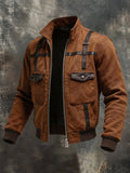 Men's Vintage Leather-Panel Multi-Pocket Outdoor Jacket