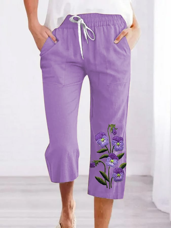 Women's Purple Flower Alzheimer's Awareness Support Cropped Pants