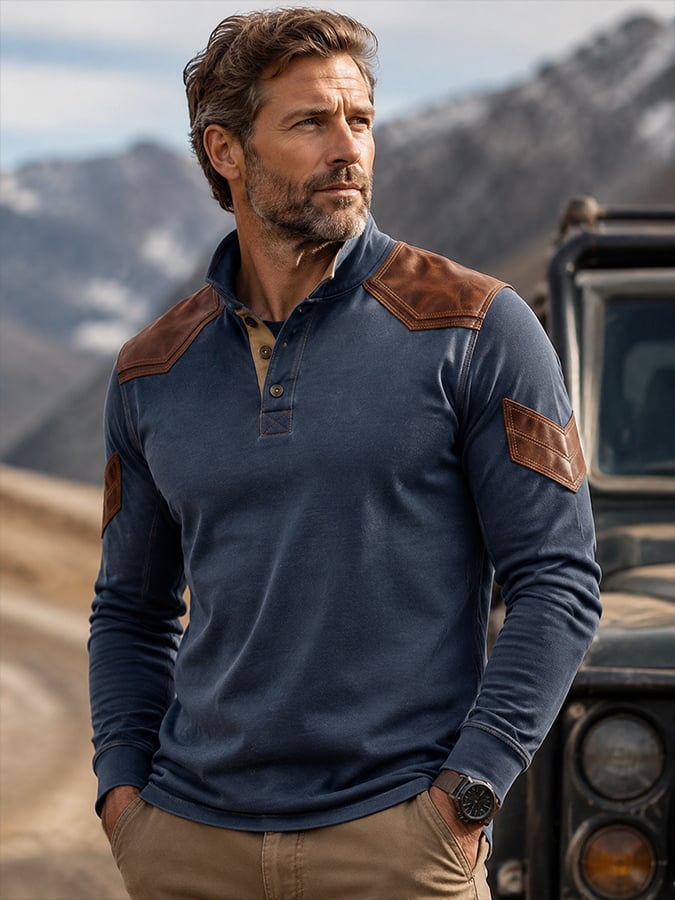 Men's Vintage-Style Henley T-Shirt with Leather Shoulder Panels