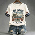 Women's Casual Retro Lake Ontario Landscape Print Crew Neck T-shirt