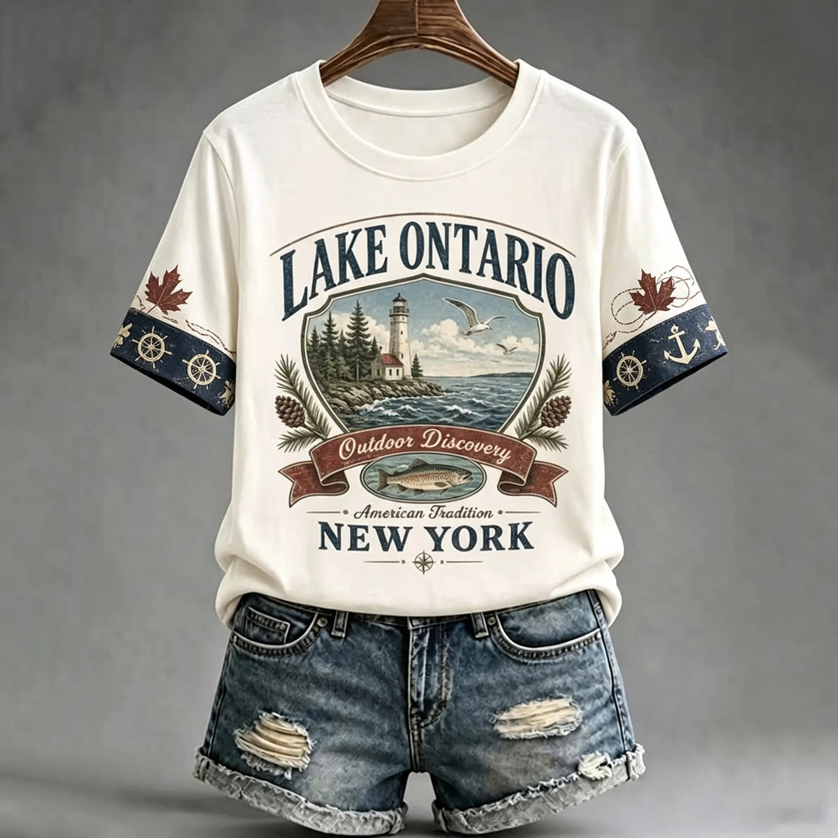 Women's Casual Retro Lake Ontario Landscape Print Crew Neck T-shirt