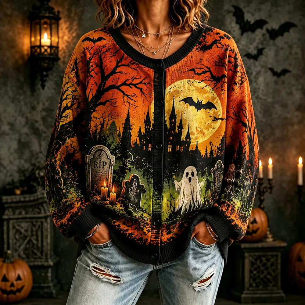 Women's Halloween Cardigan Sweater - Haunted Castle, Full Moon, Ghost & Tombstones Print