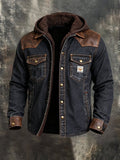 Men'S Vintage Western-Style Denim & Leather-Panel Shirt Jacket – Fleece-Lined, Warm, And Hooded (Detachable Hood)