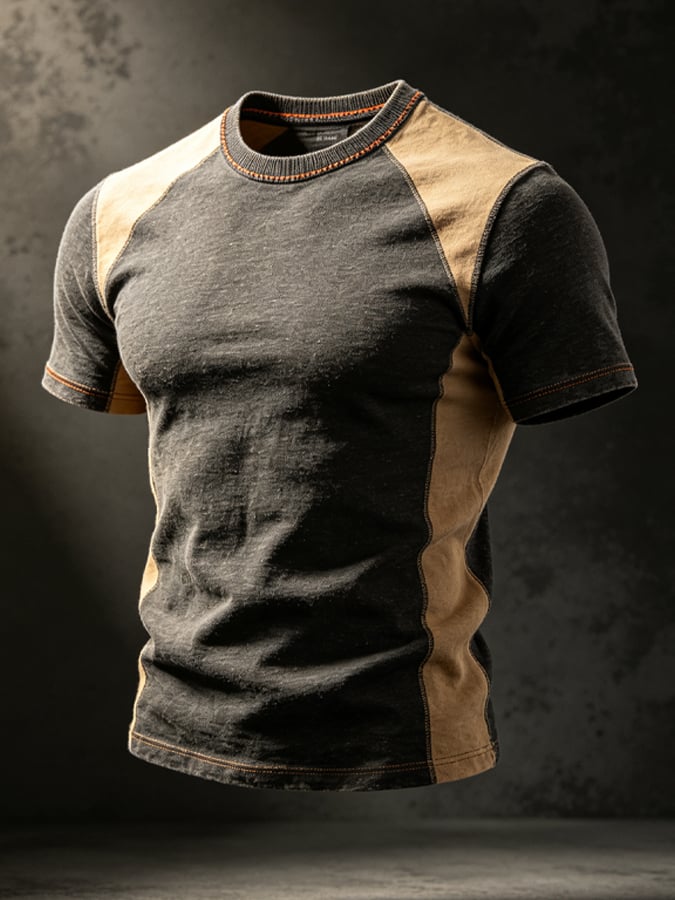 Men's Vintage-Style Distressed Color-Block T-Shirt