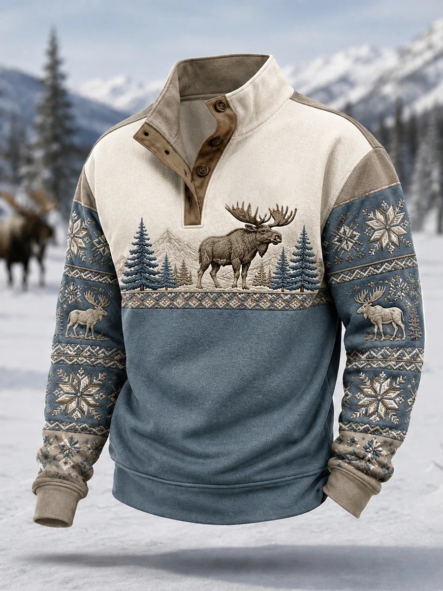 Men's Winter Moose Print Casual Buttons Pullover