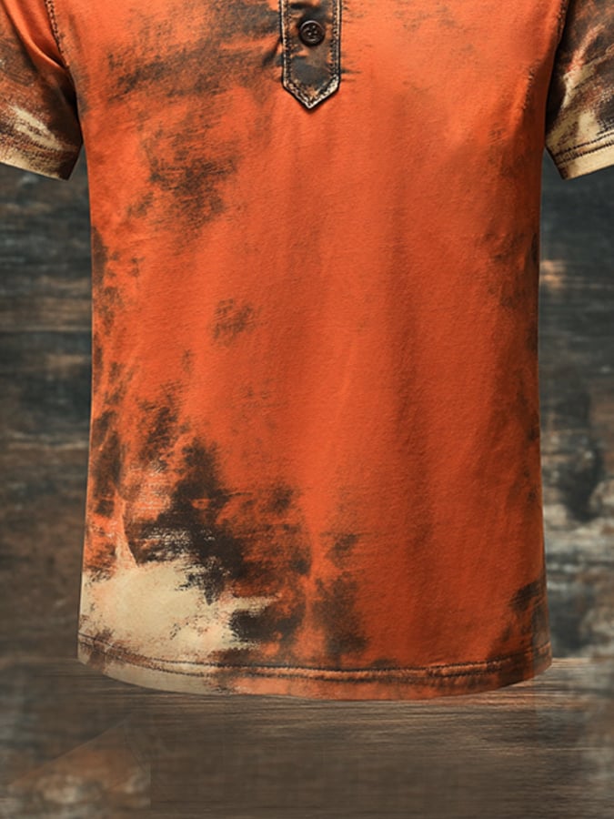 Men's vintage-style Henley print short-sleeved T-shirt
