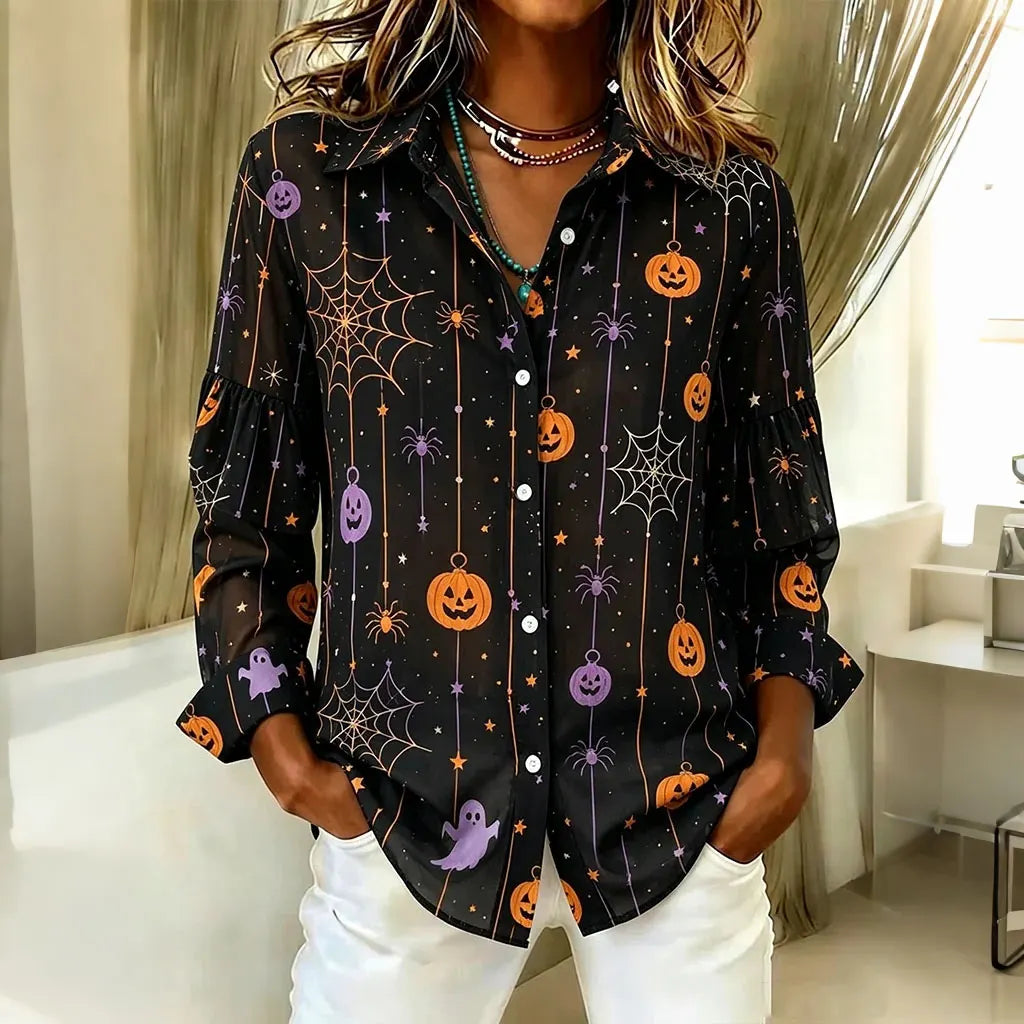 Women's Halloween Pumpkin Art Vintage Long Sleeve Shirts
