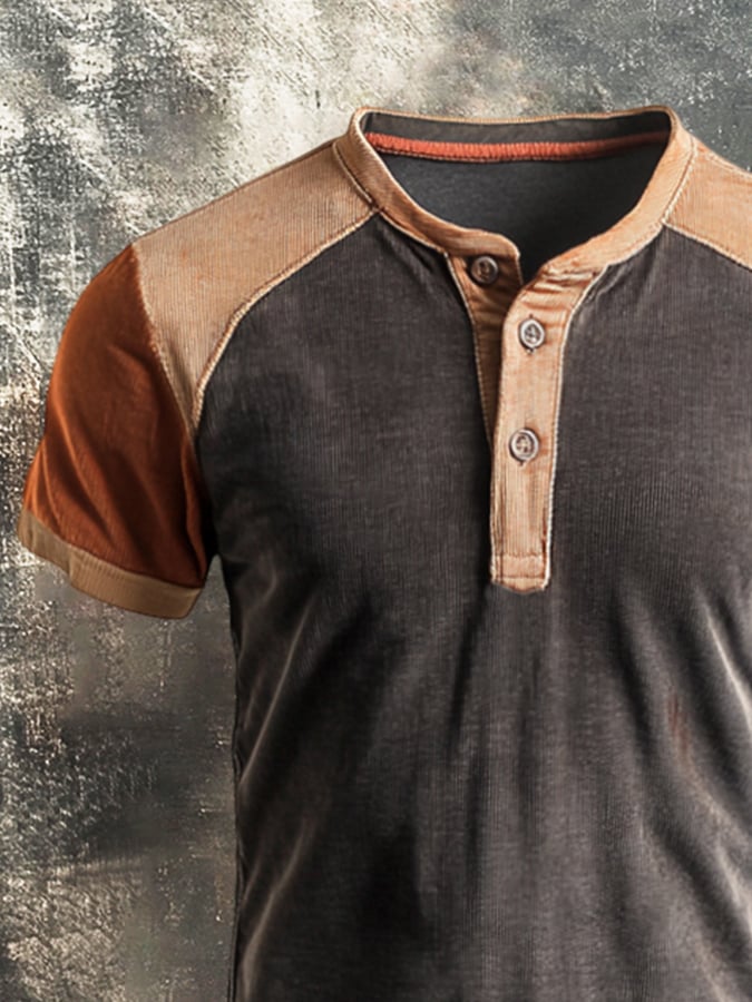 Men's Retro Classic Casual Colorblock Henry Short Sleeve T-Shirt