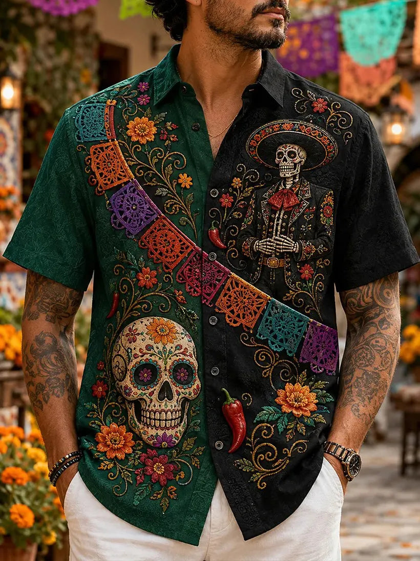 Men's Day Of The Dead Sugar‐Skull Costumed Skeleton Banner Chili Bloom Print Short Sleeve Buttons Shirt