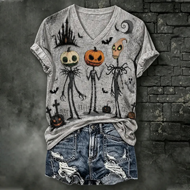 Women's Halloween Gothic Monster Pattern Print V-neck Short Sleeve Top
