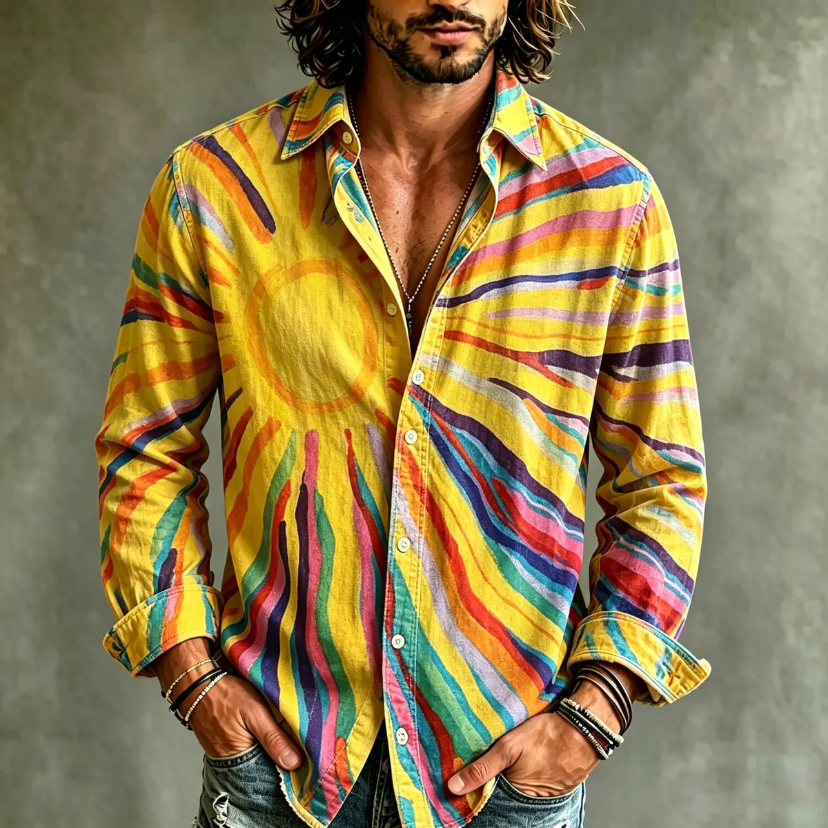 Men's Retro Rainbow Sunburst Print Shirt