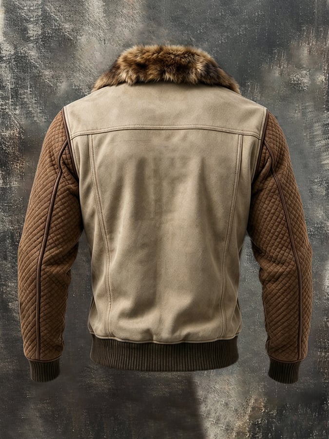 Men’S Vintage-Style Suede-Paneled Jacket With Textured Diamond-Pattern Detailing And A Fur-Style Collar