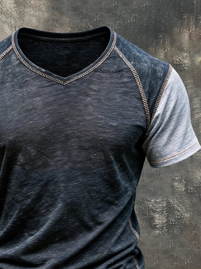 Men's Retro Color-Block V-Neck Short-Sleeve Top