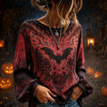 Women's Casual Scoop Neck Long Sleeve T-shirt Featuring Gothic Bat And Floral Damask