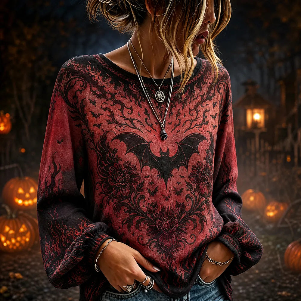 Women's Casual Scoop Neck Long Sleeve T-shirt Featuring Gothic Bat And Floral Damask
