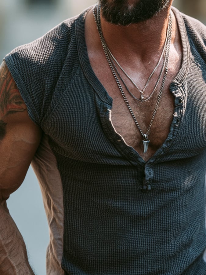 Men'S Fashion Color-Block Waffle-Knit Henley T-Shirt With Cap Sleeves
