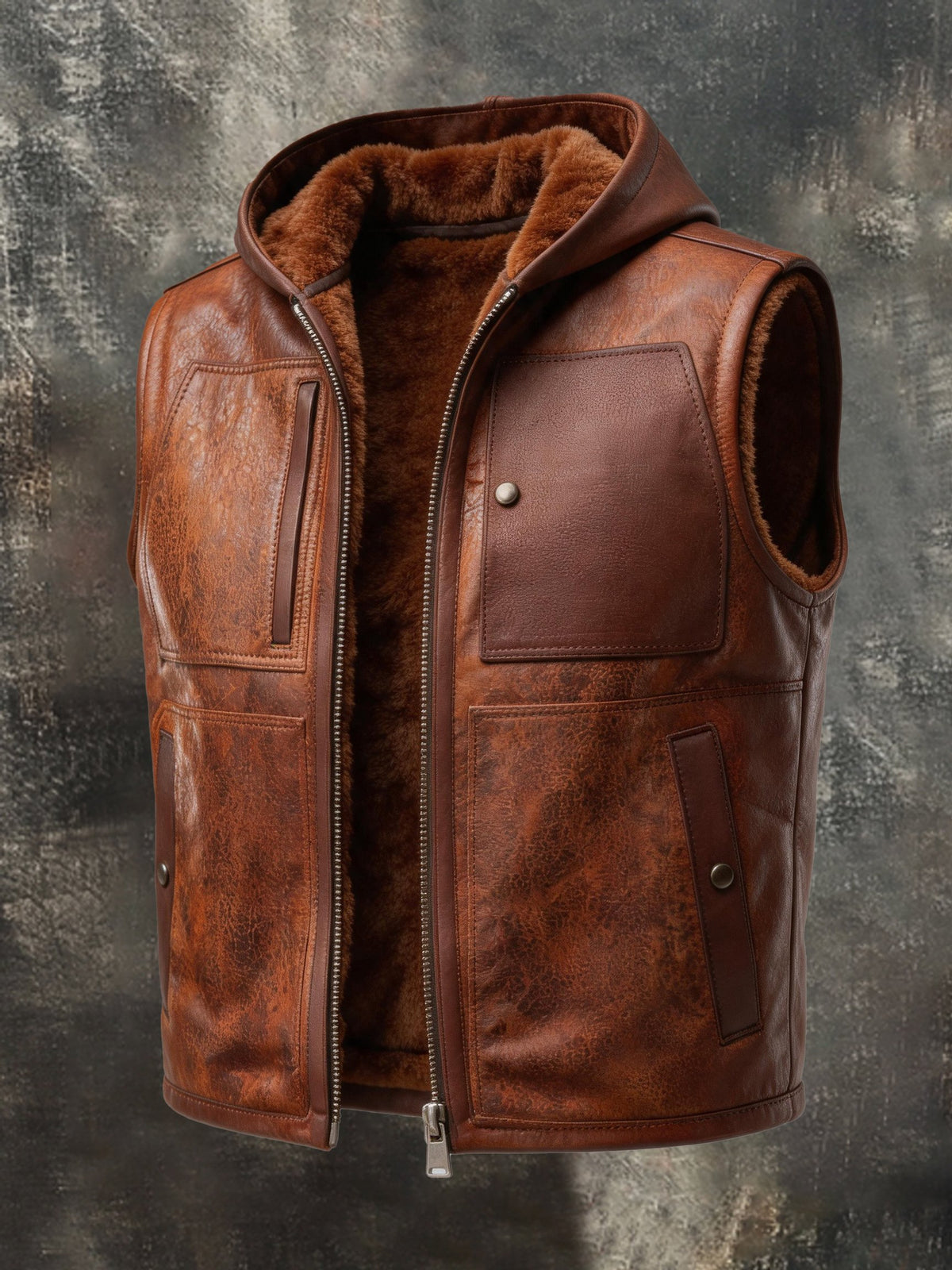 Men's Vintage Distressed Leather Hooded Vest with Fleece Lining