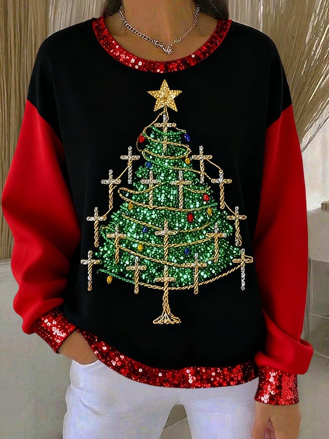 Women's Christmas Cross Print Round Neck Sweatshirt