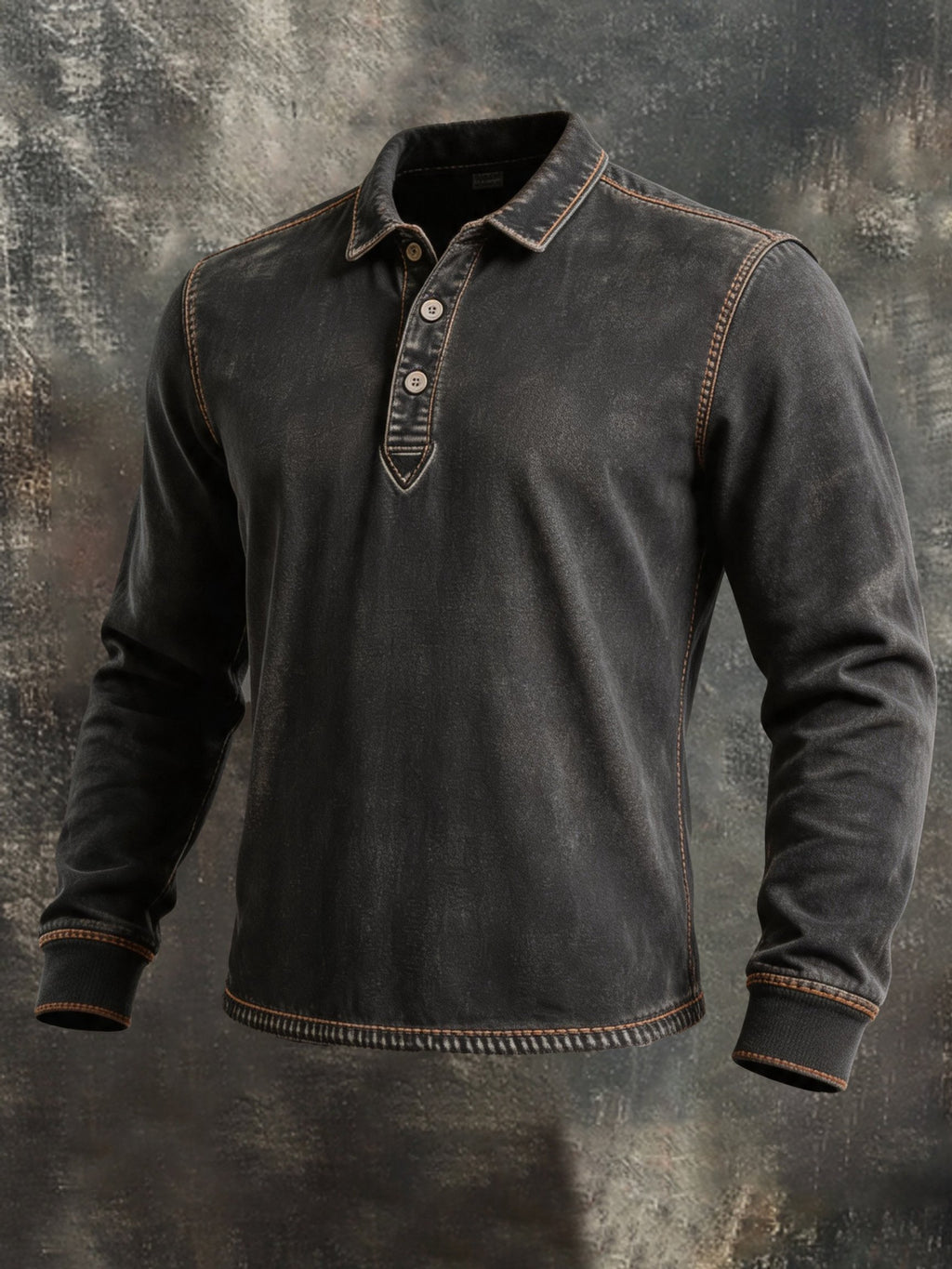 Men's Long-Sleeve Polo Shirt – Vintage Distressed Look with Contrast Topstitching and Washed Finish