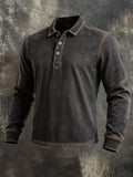 Men's Long-Sleeve Polo Shirt – Vintage Distressed Look with Contrast Topstitching and Washed Finish