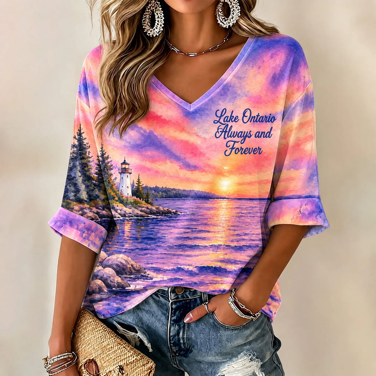 Women's Lake Ontario Always And Forever  Printed Mid-length Sleeves V-neck T-shirt