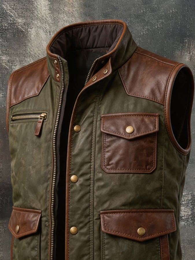 Men's Vintage Multi-Pocket Paneled Leather Vest Jacket