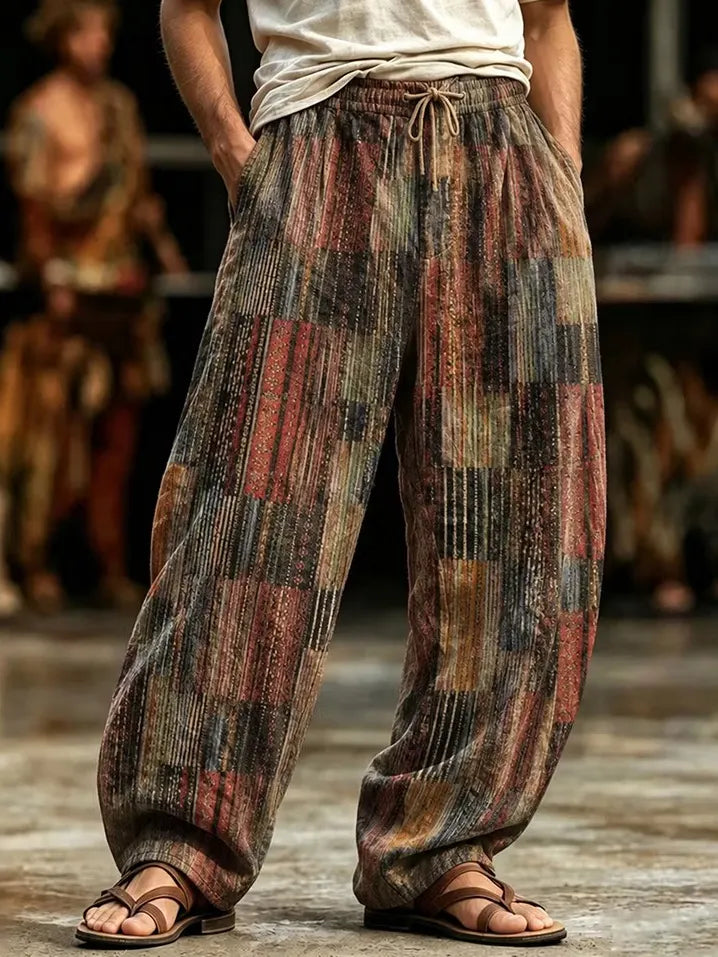 Men's Patchwork Squares With Fine Vertical Lines Print Pants