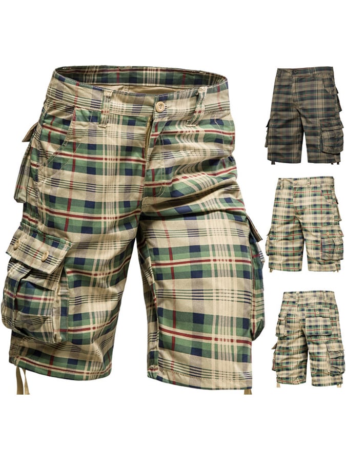 Men's Vintage Outdoor Cotton Plaid Woven Functional Work Shorts