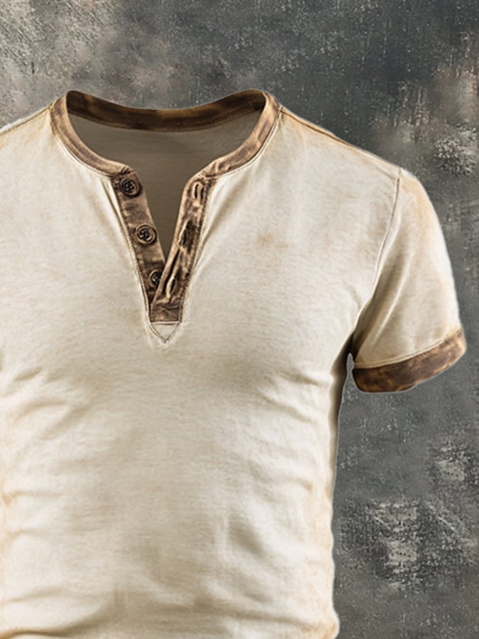 Men's Vintage Color Block Cotton Casual Henley Short Sleeve T-Shirt