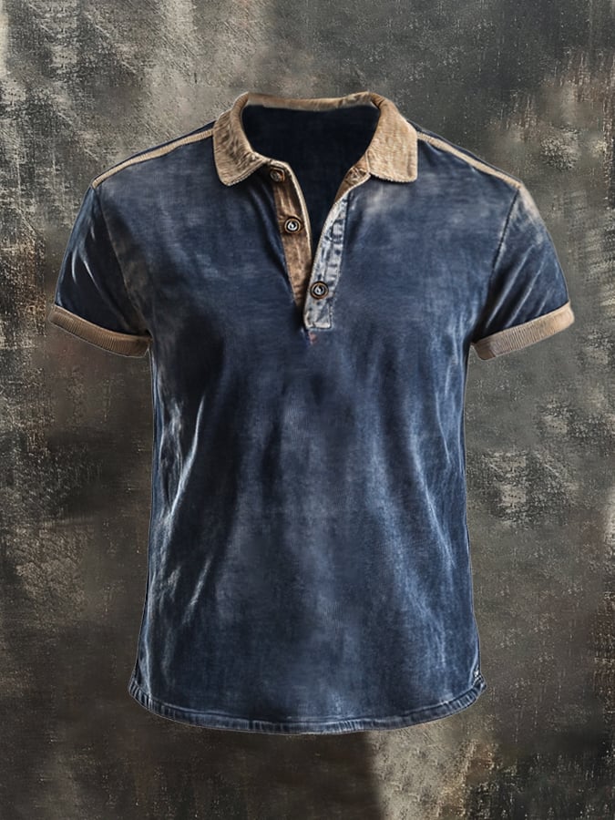 Men's retro wash colorblock short sleeve polo shirt