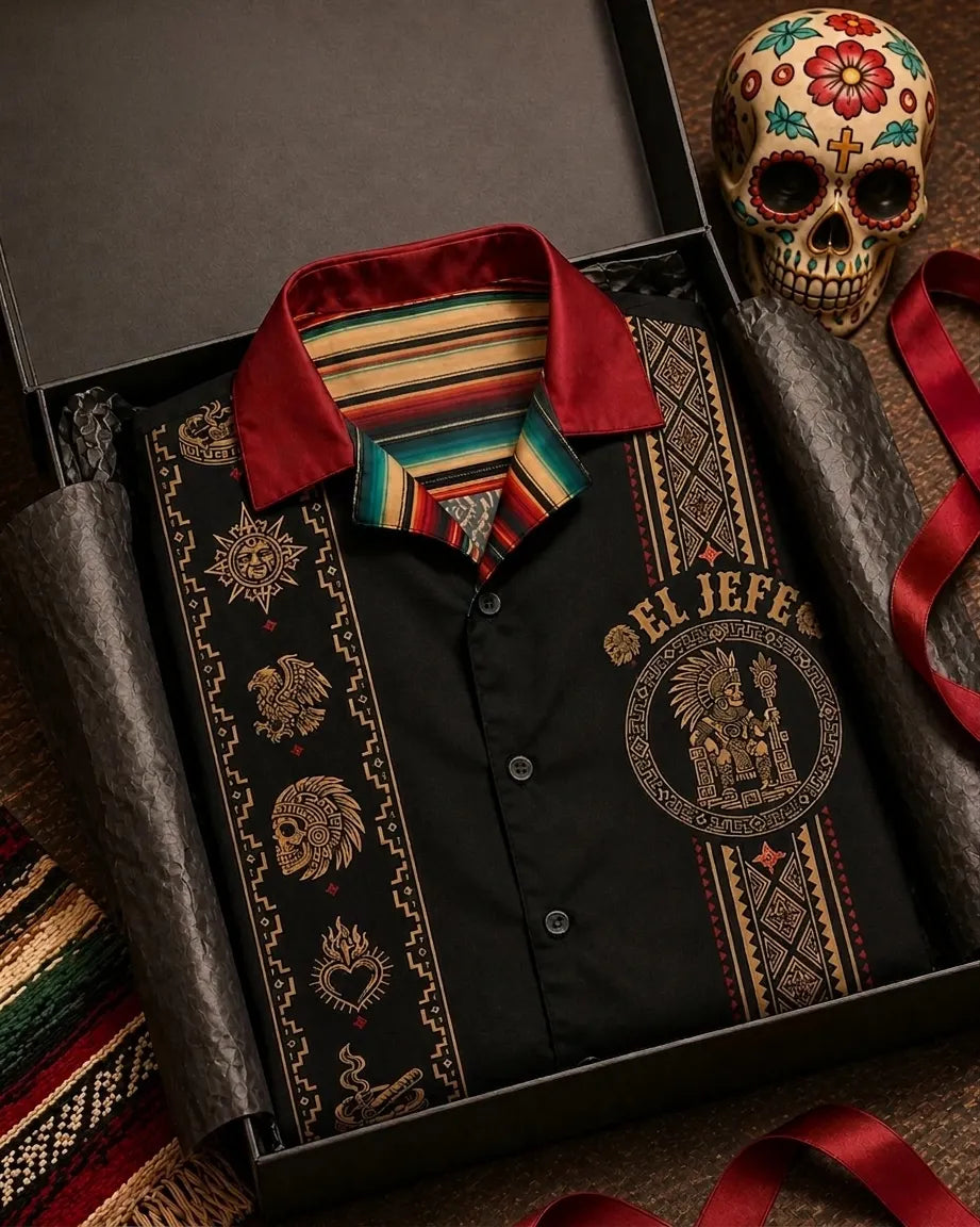 Men's Day Of The Dead Aztec Skull Eagle Totem Print Cuban Collar Short Sleeve Shirt