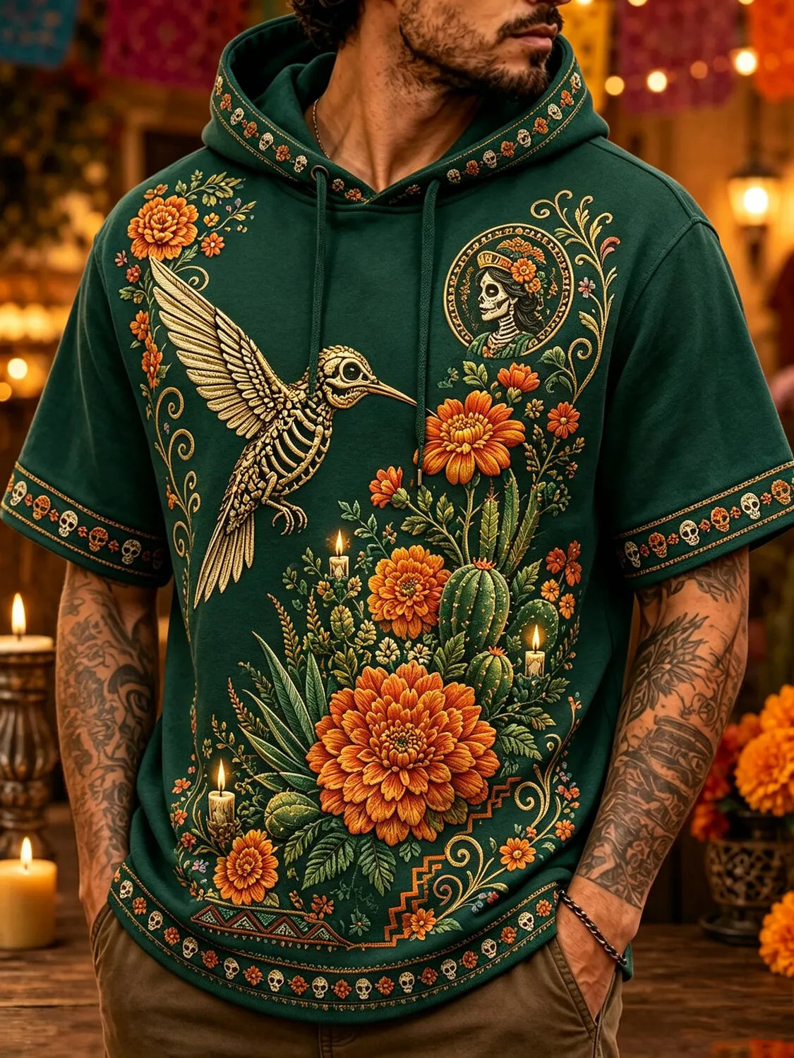 Men's Day Of The Dead Bone‐Hummingbird Cactus Floral Print Hooded T-Shirt