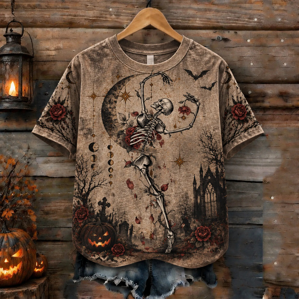 Women's Vintage Boho Gothic Dancing Skeleton Rose Moon Halloween T-shirt