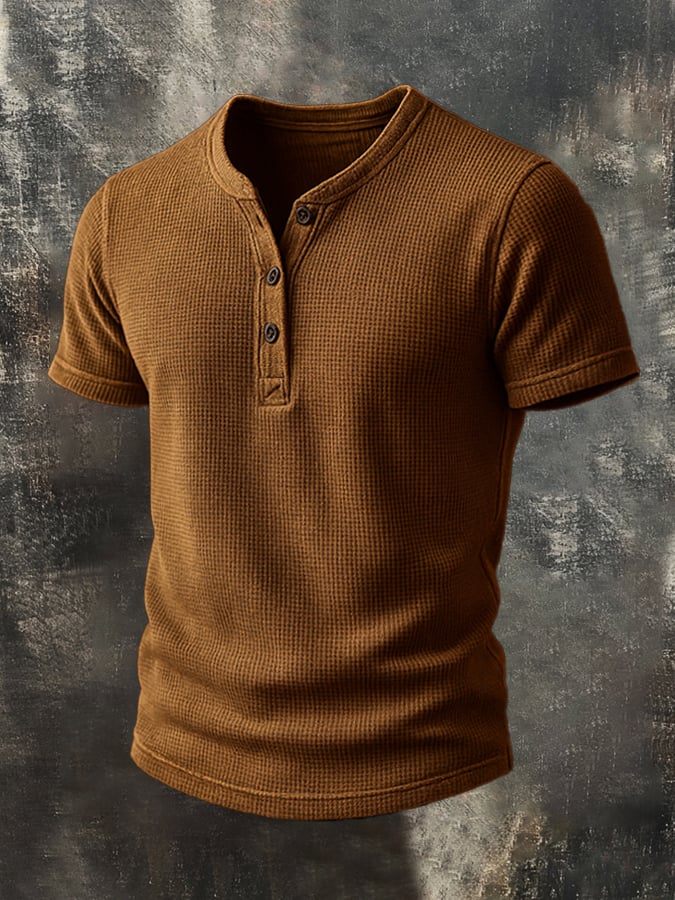 Men's Waffle Basic Casual Henley Short Sleeve T-Shirt