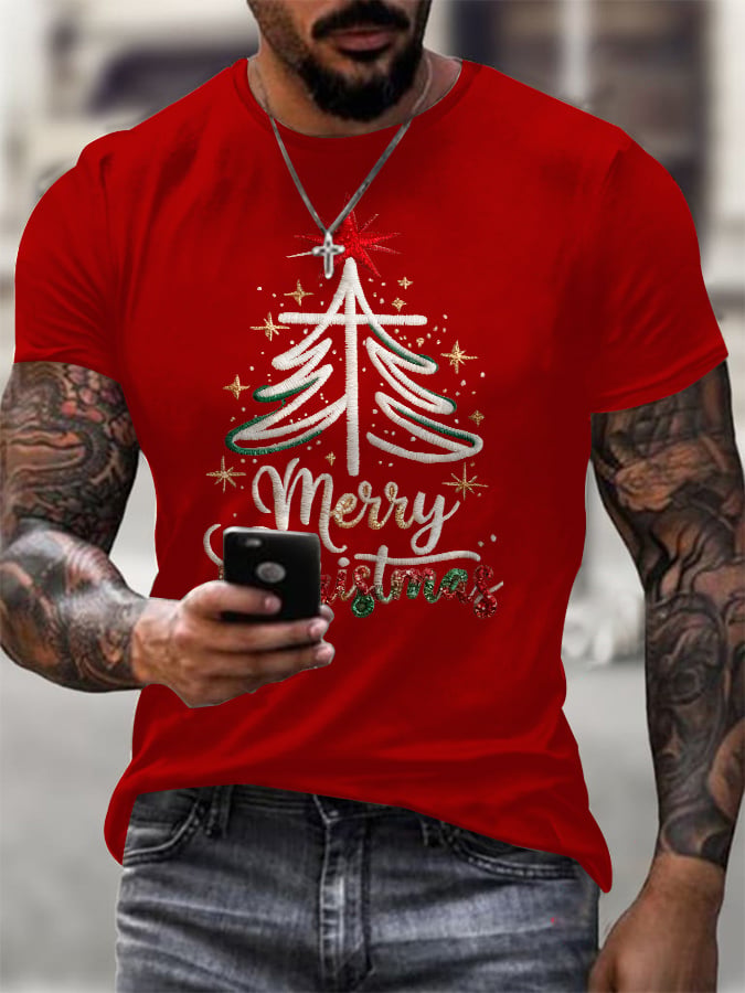 Men's Retro Merry Christmas Cross Print T-Shirt