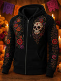 Men's Day Of The Dead Single Skull Curly Floral Print Zipper Hoodies