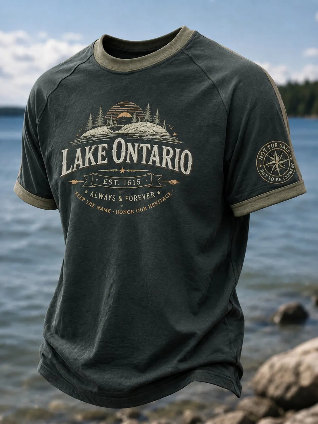 Men's Vintage Lake Ontario Print Crew Neck Short Sleeve T-shirt