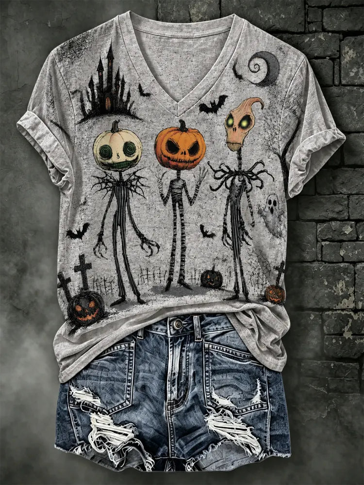 Women's Halloween Gothic Monster Pattern Print V-neck Short Sleeve Top