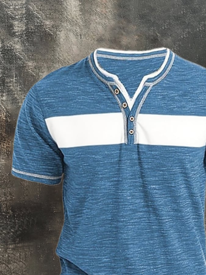 Men's casual color-block Henley T-shirt
