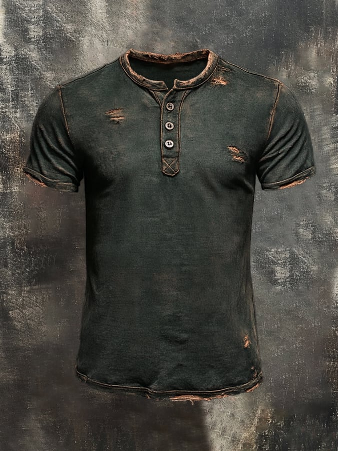 Men's retro wash casual Henley short sleeve t-shirt