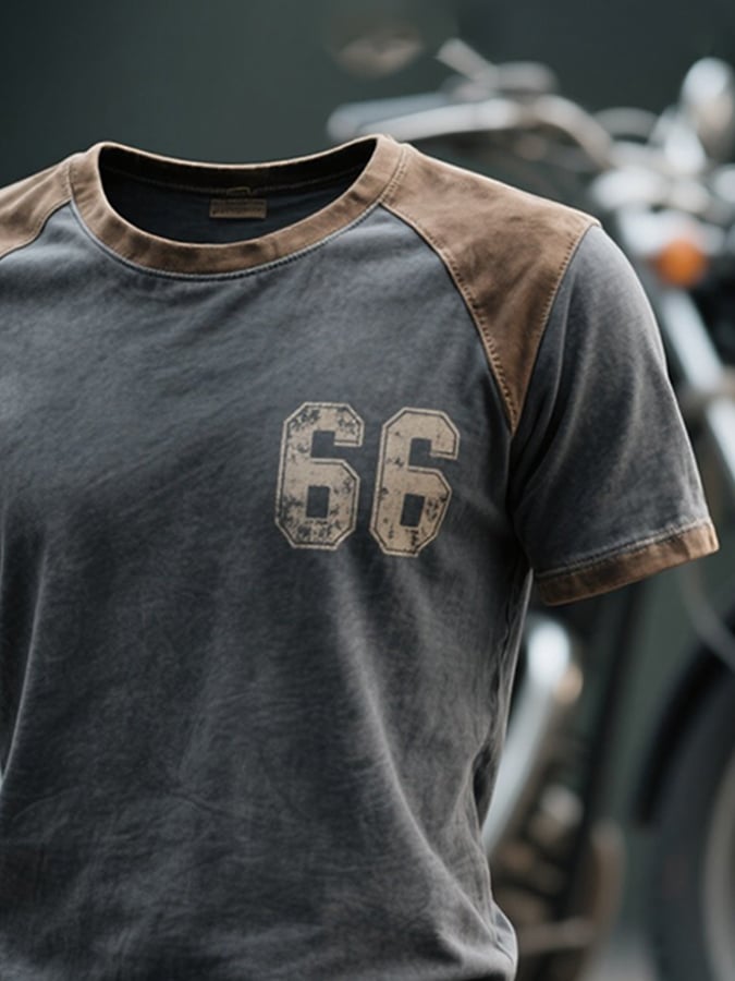 Men's retro style color block t-shirt with round neck and short sleeves