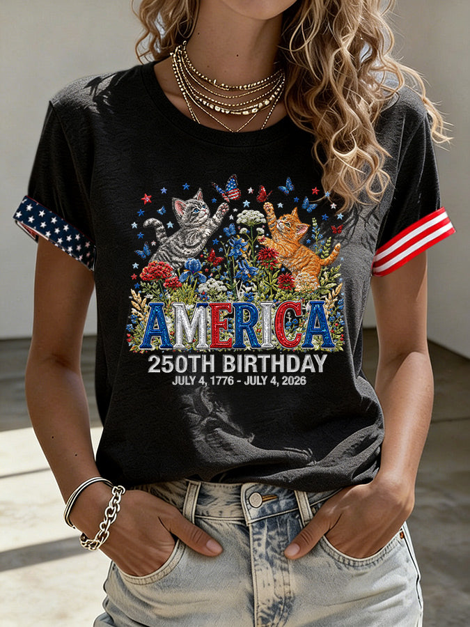 Women'S American Flag Kitten Printed Casual T-Shirt
