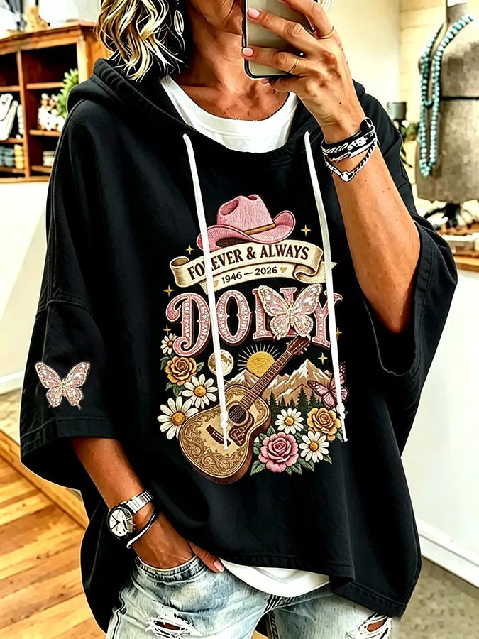 Women's commemorative printed round neck hooded sweatshirt