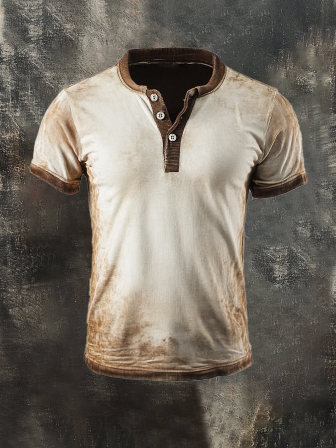 Men's Vintage Color Block Cotton Casual Henley Short Sleeve T-Shirt
