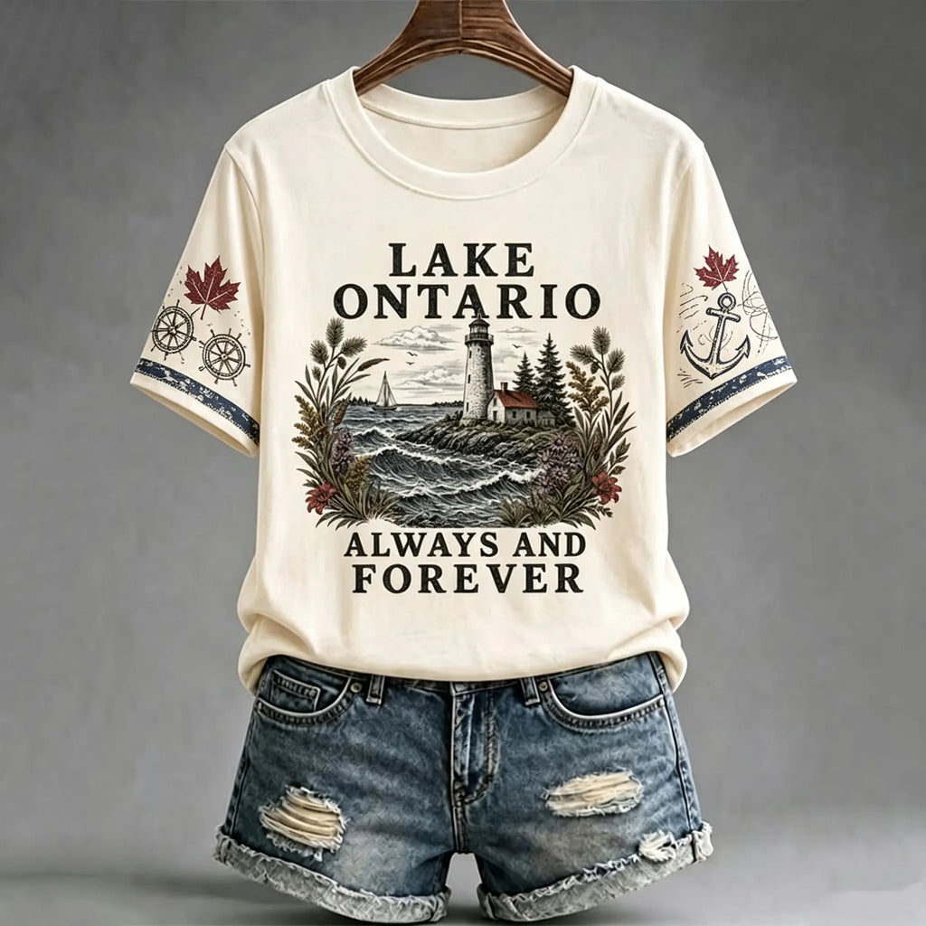 Women's Retro Lake Ontario Always And Forever Print Crew Neck T-shirt