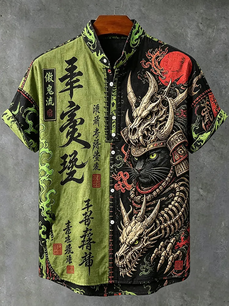 Men's Retro Vacation Japanese Art Cat Dragon Bone Color Block Print Short-sleeve Cotton Linen Shirt