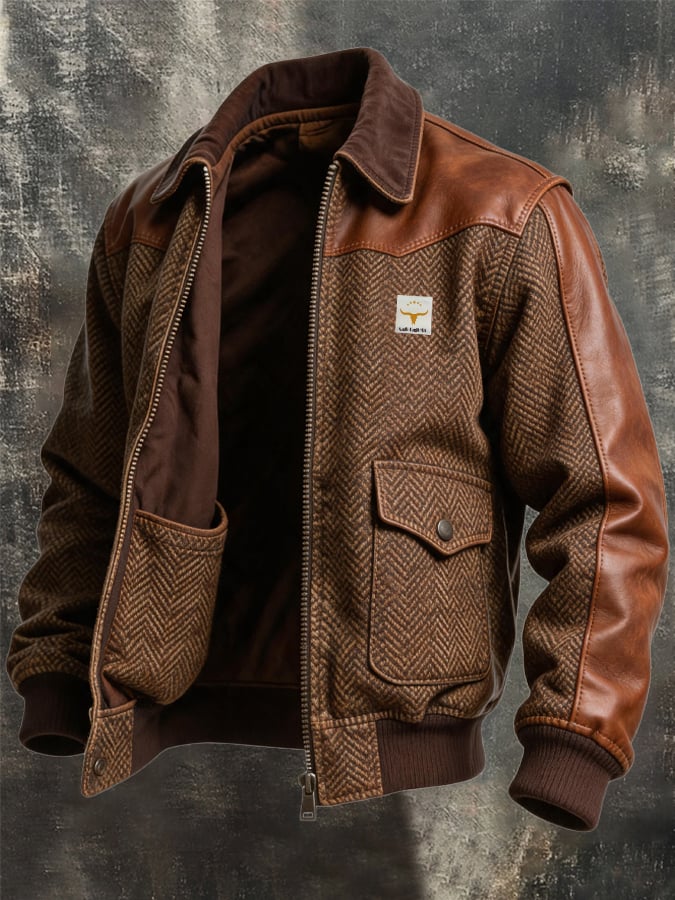 Men's Vintage Herringbone Outdoor Leather Jacket