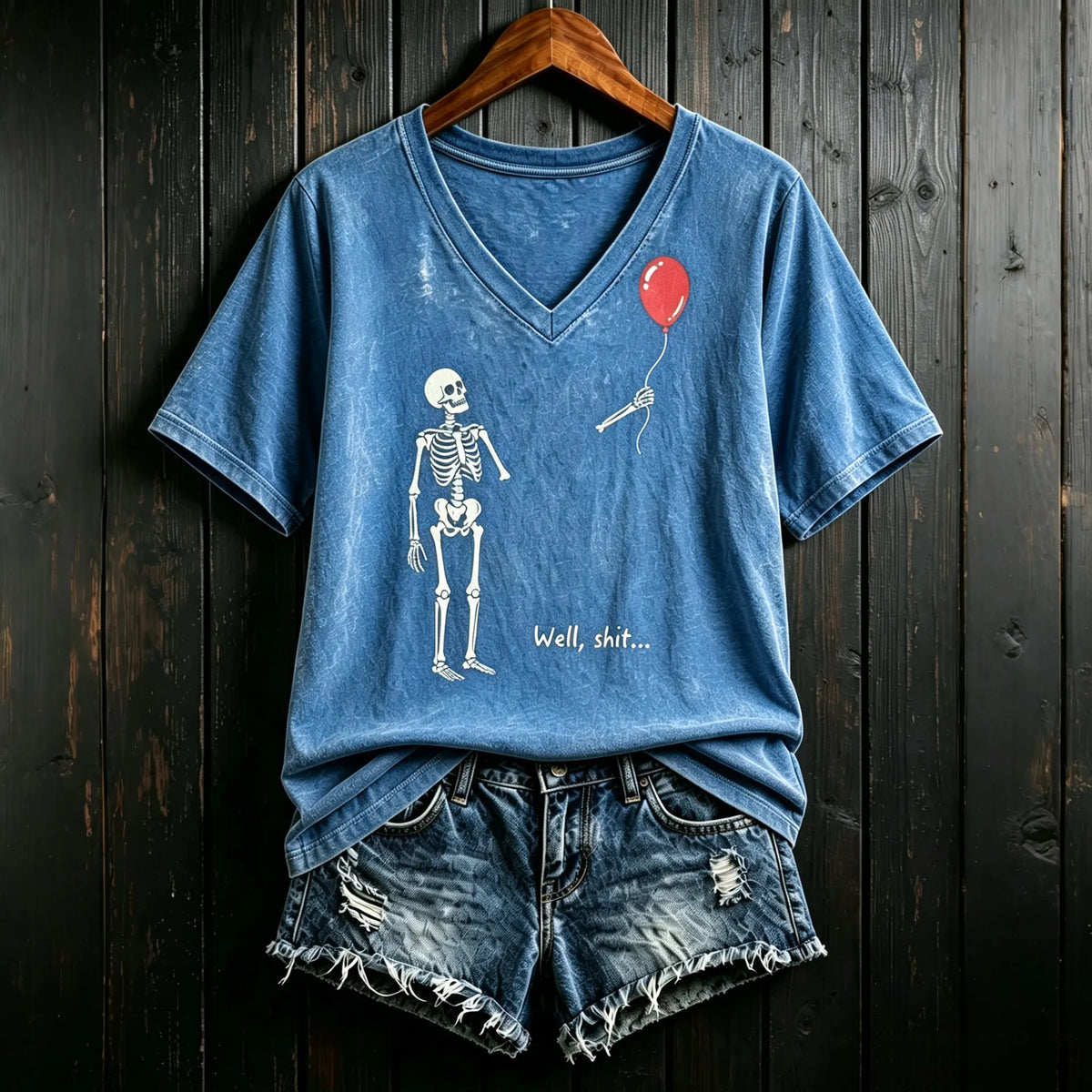 Women's Vintage Skeleton Lost Balloon Well Shit Funny Skeleton Graphic Print Casual T-shirt