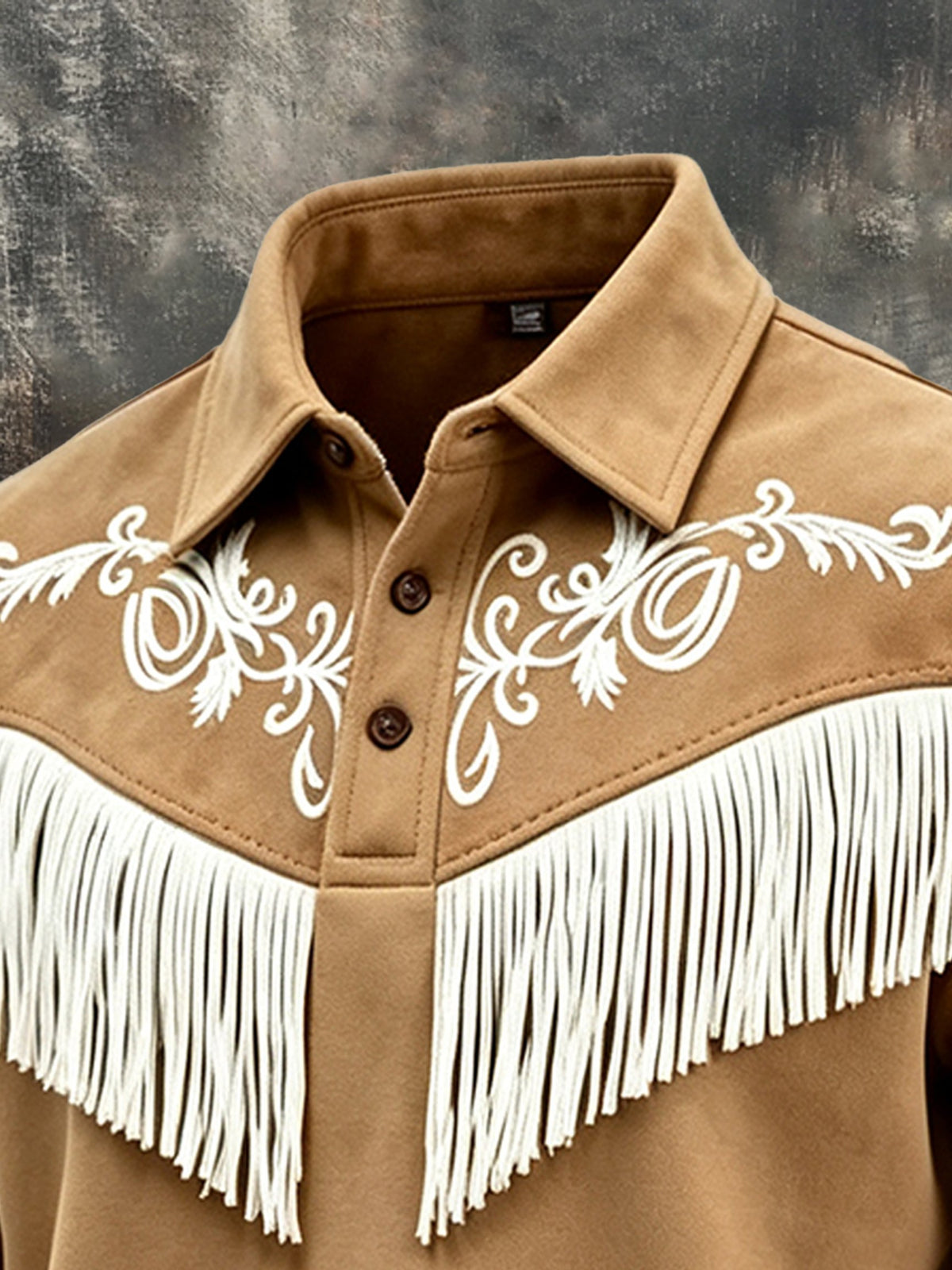 Men's Retro Western-Style Color-Block Polo-Collar Sweatshirt with Fringe and Panel Details